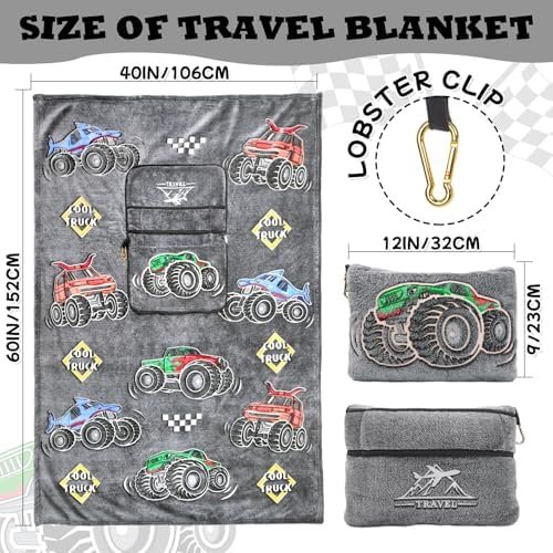 HWING Truck Travel Blanket Pillow - Glow in The Dark Kids Travel Blanket Airplane Compact with Bag - Boys Trucks Toys Gifts, Airplane Blanket for Long Flights, Outdoor, Car, Camping 40"*60"