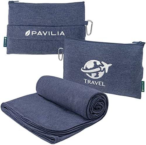 51fSwjr-Q2L._AC_.jpg PAVILIA Travel Blanket Compact, Airplane Packable Bag, Soft Fleece Portable Throw Pillow Combo Set, Plane Flight Car Trips Essentials Gift Accessories, Luggage Backpack Clip, Navy Blue, 65 x 40 inch