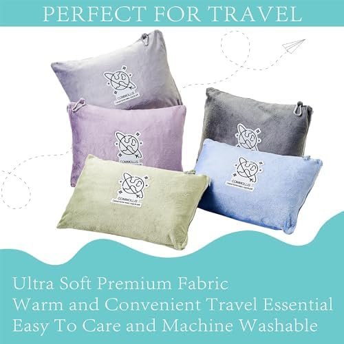 51hER3Jk2ML._AC_.jpg Commollis 2-in-1 Travel Blanket & Pillow for Airplane, Car, Train - Warm Compact Flight Blanket with Luggage Strap & Backpack Clip, Machine Washable, All-Season Use