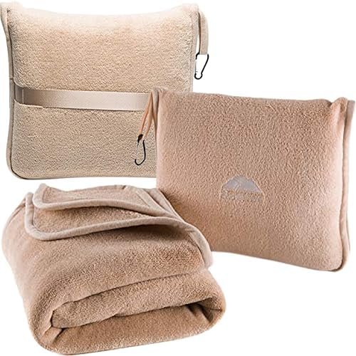 51iIka1rCkL._AC_.jpg BlueHills Premium Soft Travel Blanket Pillow Airplane Blanket Packed in Soft Bag Pillowcase with Hand Luggage Belt Backpack Clip Compact Pack Large Portable Flight Throw Beige T005