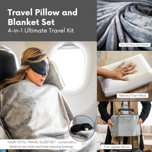 51jMSieVAVL._AC_.jpg Travel Pillow and Blanket Set - 4-in-1 Ultimate Travel Kit with Memory Foam Pillow, Travel Blanket, Sleep Mask, and Earplugs-Ultimate Comfort and Coziness for Your Journeys - Grey