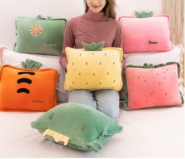 51jWOYmMFL._AC_.jpg Rikyo 15" Stuffed Fruit Travel Blanket and Pillow Set,3 in 1 Plush Stuffed Hugging Pillow with Warming Hands Pillow Blanket for Kids Gift Travel Airplane Train Bed Office Nap (Pink - Strawberry)