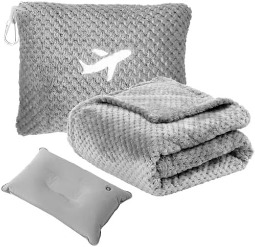 51jYRQEjurL._AC_.jpg Travel Blanket Airplane Compact with Bag, Travel Essentials 3 in 1 Packable Airplane Blanket, Travel Pillow and Blanket Set, Inflatable Pillow, Luggage Sleeve & Backpack Clip (Light Grey)