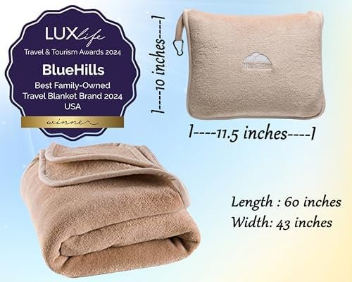 51m-Uzpc2qL._AC_.jpg BlueHills Premium Soft Travel Blanket Pillow Airplane Blanket Packed in Soft Bag Pillowcase with Hand Luggage Belt Backpack Clip Compact Pack Large Portable Flight Throw Beige T005