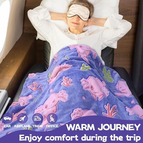 51mxm5xGvOL._AC_.jpg Axolotl Blanket for Airplane Travel - Glow in The Dark Kids Travel Blanket Pillow Set for Plane, Car - Axolotl Gifts Toys for Girls, Small Soft Purple Fleece Throw for Teens Girls 40" x 60"