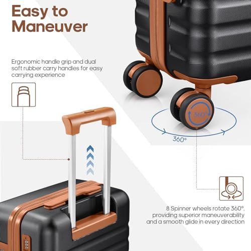 Luggage Sets 3 Piece, Carry On Luggage 20In With Spinner Wheels,PC Hardside Suitcase Set with TSA Lock,Durable Carry On Suitcase With Travel Backpack for Men (Black, 3 piece set (20inch))