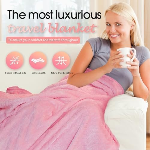 51vd1NOMiLL._AC_.jpg Travel Blanket and Pillow – Ultra Soft Lightweight Compact Blanket for Airplane, Car, Bus, Travel – Portable Cozy Fleece for Men, Women, and Kids – Pink, 42" x 68"