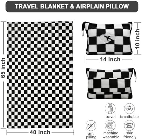 51y3Q04glcL._AC_.jpg Travel Blanket and Pillow Compact, Premium Soft 2 in 1 Airplane Blanket with Soft Bag Pillowcase,Hand Luggage Sleeve and Backpack Clip (Checkered Black)