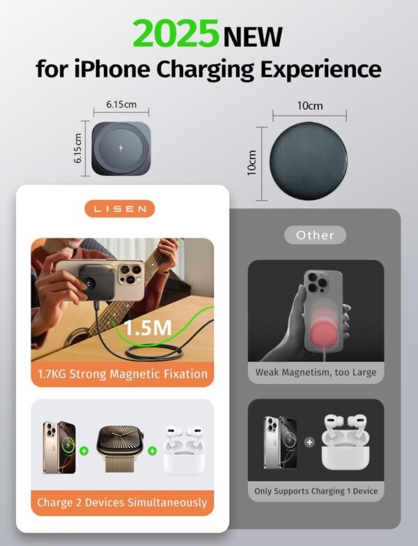 61XLL6c1yL._AC_SL1500_.jpg LISEN for MagSafe Charger Stand for iPhone Magnetic Apple Watch Airpods Charging, Minimalist Travel for iPhone Wireless Charger Magnetic MagSafe Accessories Apple 16 Pro Max iwatch Airpods Black
