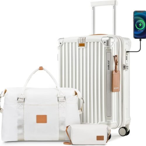 61-HOaPG-uL._AC_SL1500_.jpg Joyway 20in Carry On Luggage with Cup Holder and USB Port, 25% Expandable Capacity, Smart Suitcase with Anti Slip Wheels and Handbag, Perfect for Men and Women 3 Piece Set White