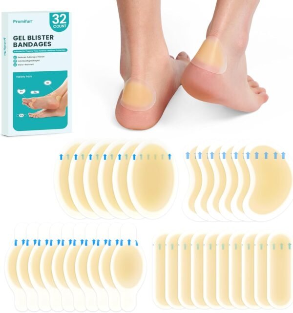 610Gd1l9OSL._AC_SL1500_.jpg Hydrocolloid Gel Blister Bandages Pads - (Variety Pack) Promifun 32ct Waterproof Adhesive Blisters Bandages - Blister Pads for Heel, Foot, Toe, Feet - Gel Blister Chshions for Prevention & Recovery