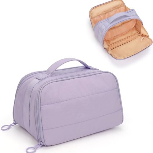 61BtCC7QupL._AC_SL1500_.jpg OCHEAL Travel Makeup Bag - Wide Open Flat Cosmetic Bag Organizer with Handle Portable Lightweight Toiletry Bag for Women's Girls Essentials Skincare Accessories-Purple