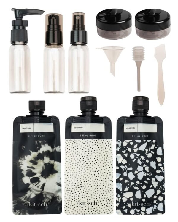 61HXeyqXNL._SL1250_.jpg Kitsch 11 PCS Travel Bottles for Toiletries – Travel Essentials Kit for Shampoo, Conditioner, Lotion & More - TSA Approved Travel Bottles, Leak-Proof Refillable Travel Size Containers - Black & Ivory