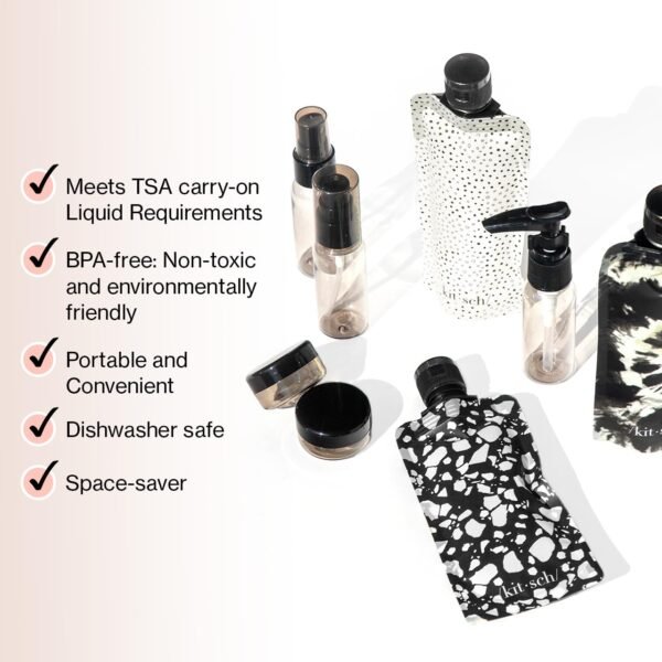 61RhMl2GS4L._SL1280_.jpg Kitsch 11 PCS Travel Bottles for Toiletries – Travel Essentials Kit for Shampoo, Conditioner, Lotion & More - TSA Approved Travel Bottles, Leak-Proof Refillable Travel Size Containers - Black & Ivory