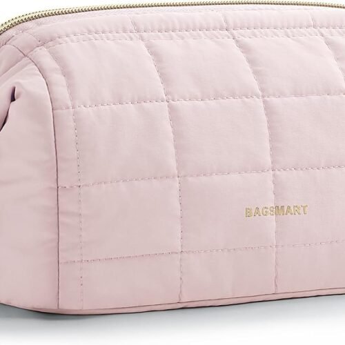 61V62fQYjL._AC_SL1500_.jpg BAGSMART Makeup Bag Travel Toiletry Bag, Puffy Padded Make Up Bags for Women Makeup Organizer Case, Wide-open Pouch Purse Travel Essentials Toiletries Accessories Brushes, Pink
