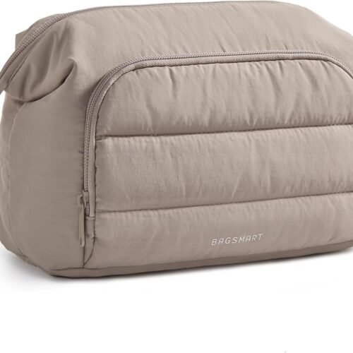 61bhPvQC4ZL._AC_SL1500_.jpg BAGSMART Makeup Bag Travel Toiletry Bag, Puffy Padded Make Up Bags for Women, Makeup Organizer Wide-open Pouch Purse, Travel Essentials for Toiletries Accessories Brushes, Camel(Brown)