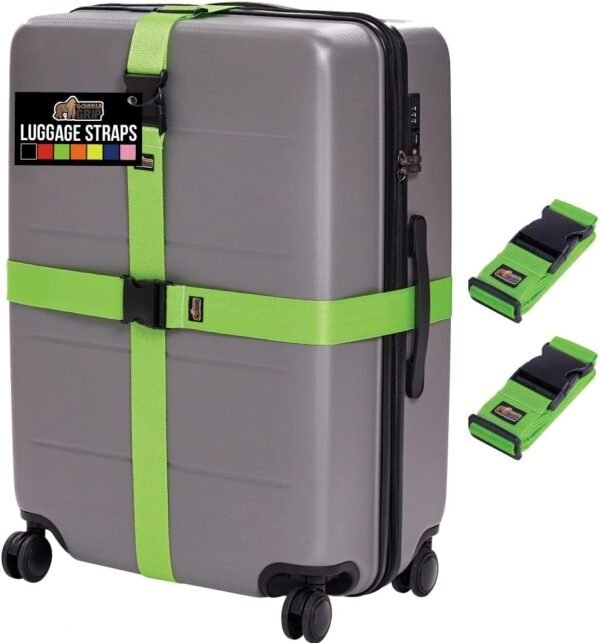 61dW2YL4FEL._AC_SL1000_.jpg GORILLA GRIP Heavy Duty Adjustable Luggage Straps for Suitcases, Easy to Identify Travel Belt Connector Holds Suitcase Together, Extends Life of Bag, Strap Connects Two Bags, Accessories 2 Pack Green