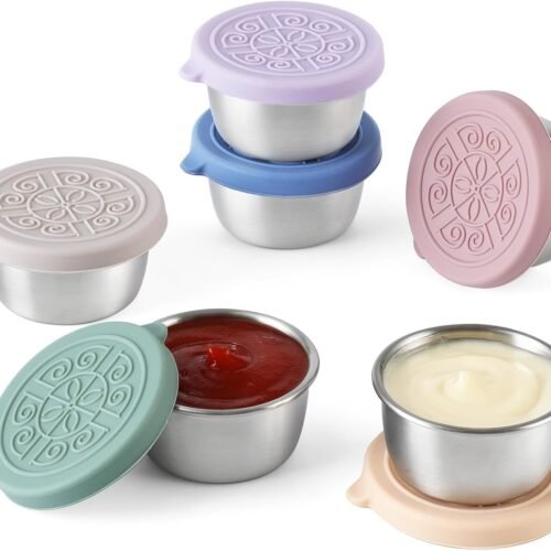 VITEVER [6 Pack] Salad Dressing Container To Go, 1.6 oz Small Condiment Containers with Lids, Reusable Stainless Steel Sauce Cups , Leakproof Silicone Lids for Lunch Bento Box, Picnic and Travel