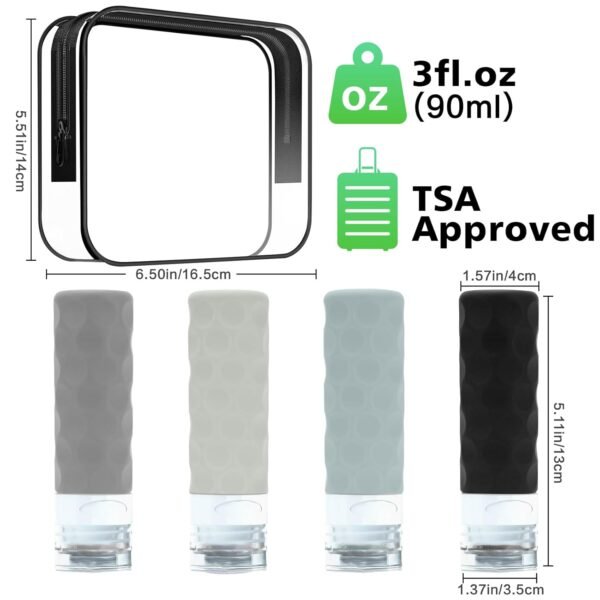 61fpNVZIbVL._SL1500_.jpg Travel Bottles for Toiletries, 4pcs Tsa Approved 3oz Travel Size Containers, BPA Free Leak Proof Premium Silicone Bottles, Refillable Liquid Squeezable Accessories W/Toiletry Bag
