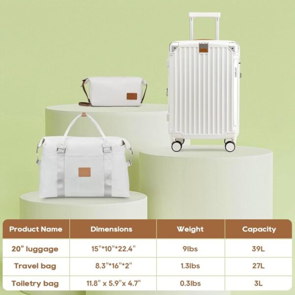 Joyway 20in Carry On Luggage with Cup Holder and USB Port, 25% Expandable Capacity, Smart Suitcase with Anti Slip Wheels and Handbag, Perfect for Men and Women 3 Piece Set White