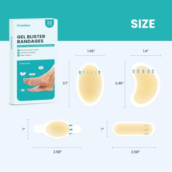 61vrmvFfwdL._AC_SL1500_.jpg Hydrocolloid Gel Blister Bandages Pads - (Variety Pack) Promifun 32ct Waterproof Adhesive Blisters Bandages - Blister Pads for Heel, Foot, Toe, Feet - Gel Blister Chshions for Prevention & Recovery