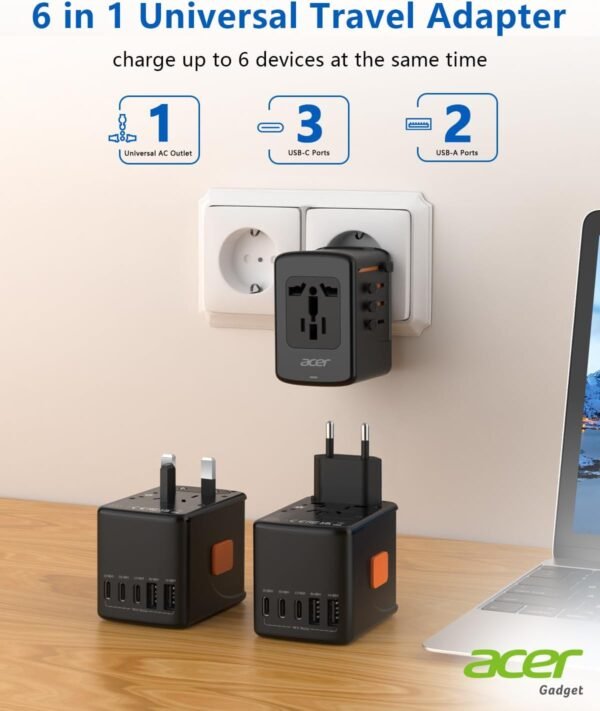 61ytKhu95KL._AC_SL1500_.jpg Acer Universal Travel Plug Adapter - International Power Adapter with 5 USB Ports (3 USB C) 5.8A, Worldwide Outlet Charger for USA to European UK France Germany Spain, Type C/E/F/G/I/L/A, Black