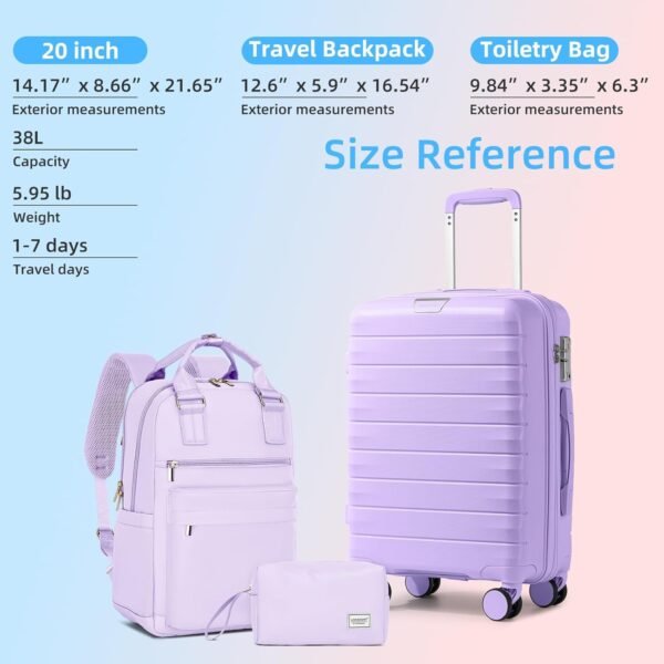 LARVENDER Luggage Sets 3 Piece, Hardside PP Carry On Suitcase with 360° Spinner Wheels TSA Lock Luggage Sets for Women, Lavender