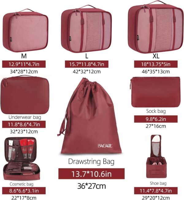 BAGAIL 8 Set Packing Cubes Luggage Packing Organizers for Travel Accessories-Wine Red