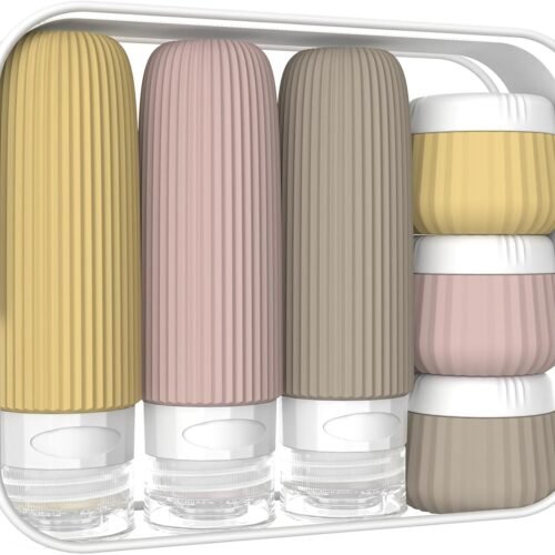 Travel Bottles for Toiletries 6 Pack, TSA Approved Travel Size Toiletries Containers Set, 3 Silicone Leak Proof Refillable Bottles and 3 Creams Jars Accessories Kit W/Clear Bag（Apricot）