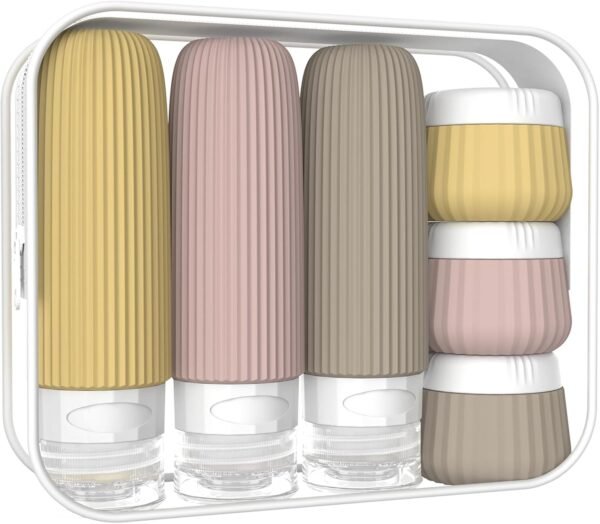 Travel Bottles for Toiletries 6 Pack, TSA Approved Travel Size Toiletries Containers Set, 3 Silicone Leak Proof Refillable Bottles and 3 Creams Jars Accessories Kit W/Clear Bag（Apricot）