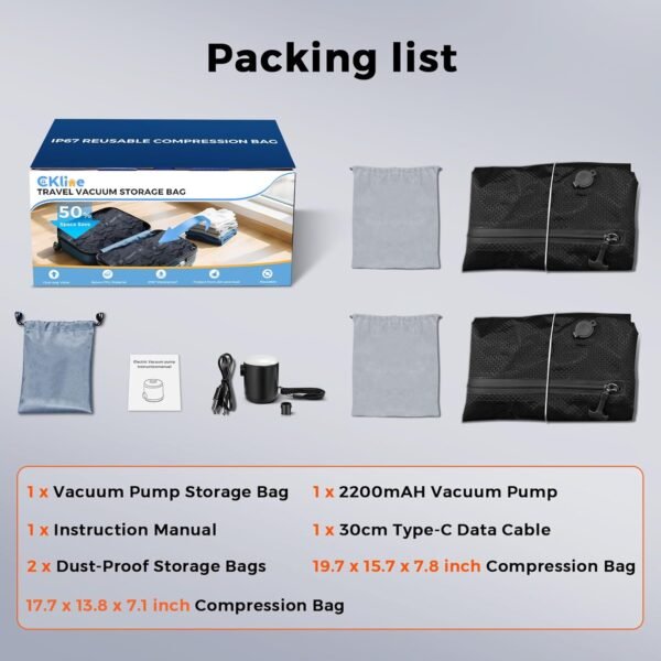 Travel Vacuum Bags for Luggage with Electric Pump, IP67 Reusable Vacuum Compression Bags for Travel, Backpack & Suitcases,Vacuum Seal Packing Cubes for Clothing (2PC-PUMP)