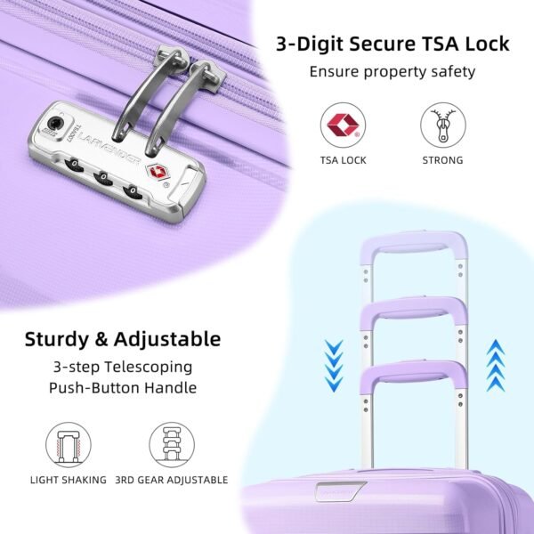 LARVENDER Luggage Sets 3 Piece, Hardside PP Carry On Suitcase with 360° Spinner Wheels TSA Lock Luggage Sets for Women, Lavender