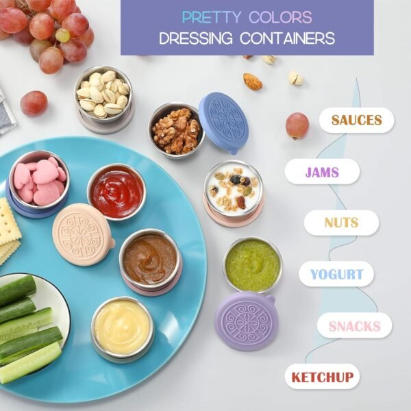 VITEVER [6 Pack] Salad Dressing Container To Go, 1.6 oz Small Condiment Containers with Lids, Reusable Stainless Steel Sauce Cups , Leakproof Silicone Lids for Lunch Bento Box, Picnic and Travel
