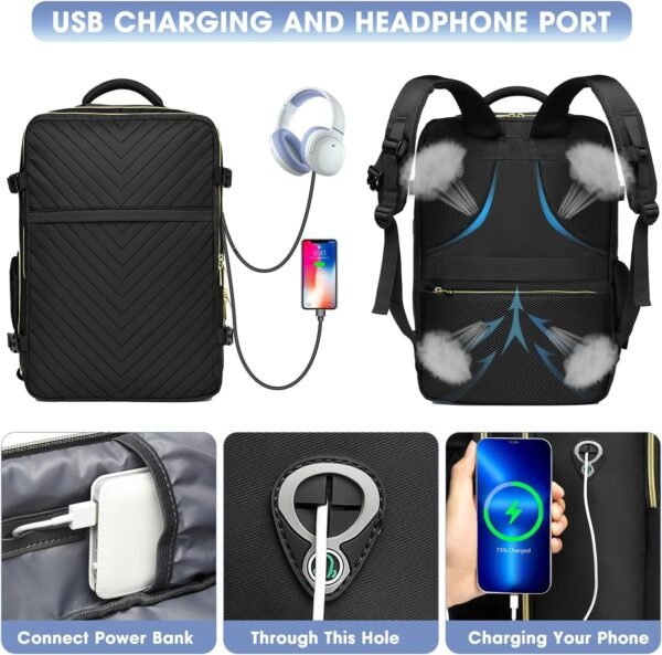 Large Carry On Travel Backpack - Flight Approved Waterproof Anti-Theft Luggage Daypack for Women Men Fit 17 Inch Laptop Business Weekender Overnight Backpack College Bag Personal Item Size Black