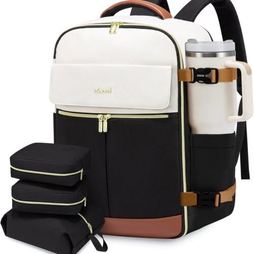 71AhKQeYEL._AC_SL1500_.jpg LOVEVOOK Travel Backpack for Women, TSA Carry On Backpack Flight Approved Luggage, 40L Water Resistant Personal Item Daypack Large Weekender Bag fit 17 inch Laptop with 3 Cubes, Beige-black-brown