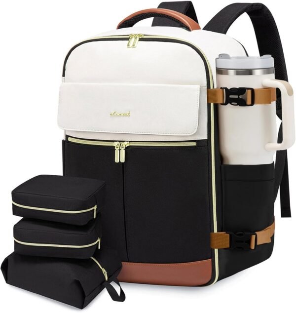 71AhKQeYEL._AC_SL1500_.jpg LOVEVOOK Travel Backpack for Women, TSA Carry On Backpack Flight Approved Luggage, 40L Water Resistant Personal Item Daypack Large Weekender Bag fit 17 inch Laptop with 3 Cubes, Beige-black-brown