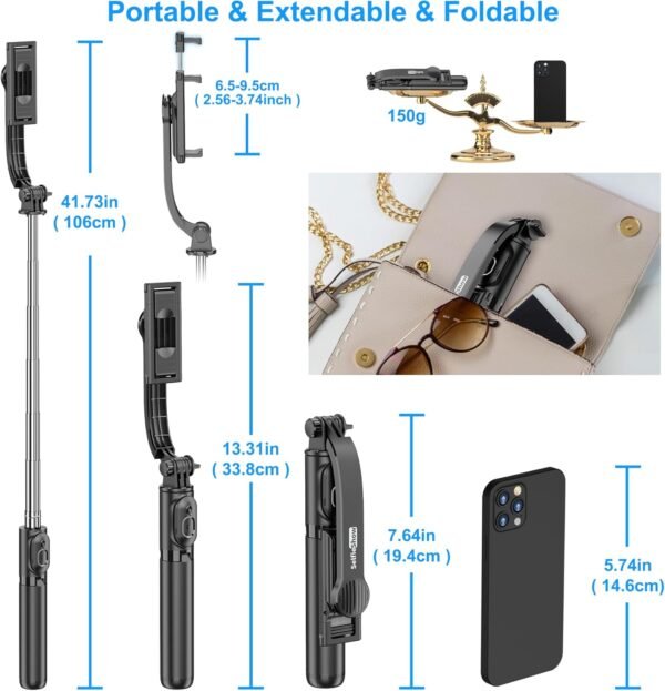 71BBiKFJ0pL._AC_SL1500_.jpg SelfieShow Selfie Stick, Extendable Selfie Stick Tripod with Wireless Remote and Tripod Stand, Portable, Lightweight, Compatible with iPhone 15 14 13 12 Pro Xs Max X 8Plus, Samsung Smartphone and More