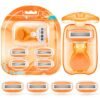71BfvYM8l8L._SL1500_.jpg DreamGenius Travel Razors for Women Include 1 Handle and 5 Cartridges, Extra Smooth 5-Blade Travel Essentials Razor with Case for Shaving, Orange
