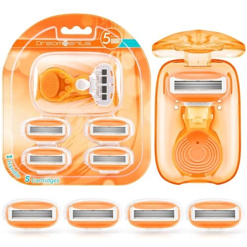 71BfvYM8l8L._SL1500_.jpg DreamGenius Travel Razors for Women Include 1 Handle and 5 Cartridges, Extra Smooth 5-Blade Travel Essentials Razor with Case for Shaving, Orange