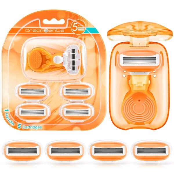 71BfvYM8l8L._SL1500_.jpg DreamGenius Travel Razors for Women Include 1 Handle and 5 Cartridges, Extra Smooth 5-Blade Travel Essentials Razor with Case for Shaving, Orange