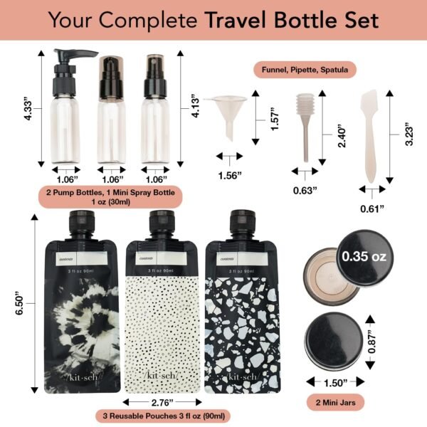 71E7bRgyejL._SL1280_.jpg Kitsch 11 PCS Travel Bottles for Toiletries – Travel Essentials Kit for Shampoo, Conditioner, Lotion & More - TSA Approved Travel Bottles, Leak-Proof Refillable Travel Size Containers - Black & Ivory