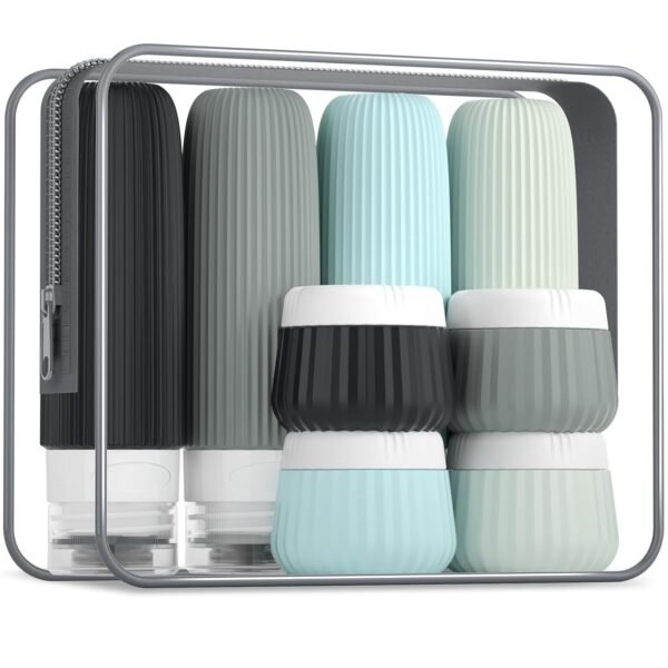 71EjRnUj2-L._SL1500_.jpg Travel Bottles - 8 Pack, TSA Approved Travel Size Toiletries, Leak Proof Silicone Squeezable Containers in Clear Bag