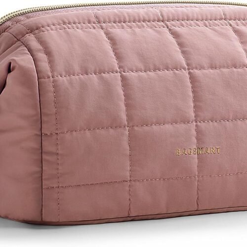 71HHq9TYmmL._AC_SL1500_.jpg BAGSMART Makeup Bag Travel Toiletry Bag, Puffy Padded Make Up Bags for Women Makeup Organizer Case, Wide-open Pouch Purse Travel Essentials Toiletries Accessories Brushes, Dark Pink