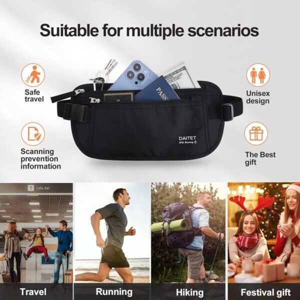 71NCqv3nQSL._AC_SL1500_.jpg DAITET Money Belt - Passport Holder Secure Hidden Travel Wallet with RFID Blocking, Undercover Fanny Pack (Black)