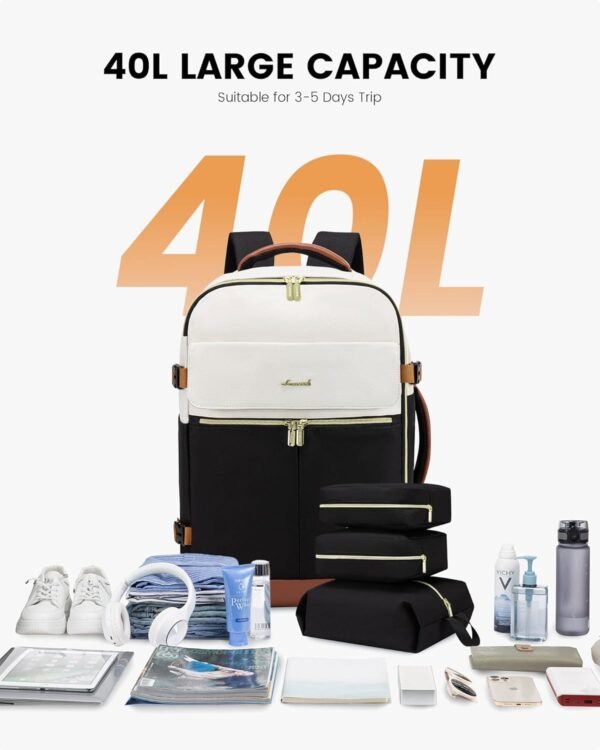 71O2FbUZpjL._AC_SL1500_.jpg LOVEVOOK Travel Backpack for Women, TSA Carry On Backpack Flight Approved Luggage, 40L Water Resistant Personal Item Daypack Large Weekender Bag fit 17 inch Laptop with 3 Cubes, Beige-black-brown