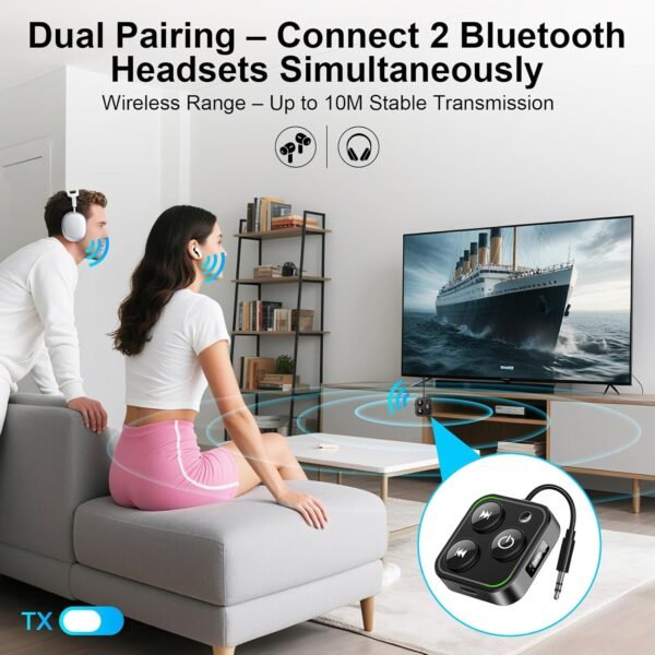 71OgM5usAJL._AC_SL1500_.jpg 2025 Pro Bluetooth 5.4 Transmitter Receiver, 2-in-1 Wireless Audio Adapter for Airplane/TV/PC/Gym - Dual Link Headphone, Low Latency, Battery Display, Built-in Mic, 30H Playtime, Aviation Metal Frame