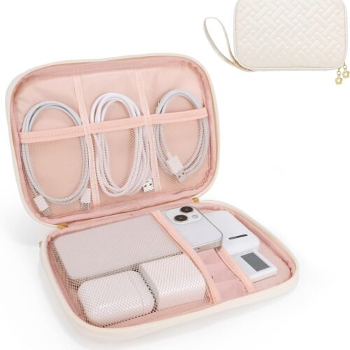 Electronics Organizer Travel Case, Charger Bag Cord Organizer Travel, Compact Tech Pouch Cable Organizer Bag for Charger, Cords, Phone, Headphones, Flash Drive, SD Card (Beige, Small-Single Layer)