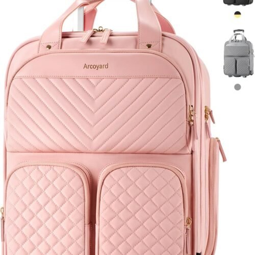 71Oy383dL._AC_SL1500_.jpg Underseat Carry On Luggage with Wheels, Airline Approved Personal Item Bag, Multiple Compartment Travel Carry-On with Leather Handle, Soft Side Lightweight Rolling Suitcase for Women, Pink, L