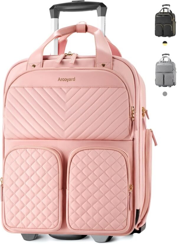 71Oy383dL._AC_SL1500_.jpg Underseat Carry On Luggage with Wheels, Airline Approved Personal Item Bag, Multiple Compartment Travel Carry-On with Leather Handle, Soft Side Lightweight Rolling Suitcase for Women, Pink, L