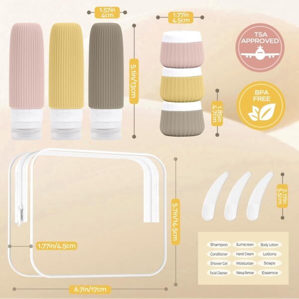 Travel Bottles for Toiletries 6 Pack, TSA Approved Travel Size Toiletries Containers Set, 3 Silicone Leak Proof Refillable Bottles and 3 Creams Jars Accessories Kit W/Clear Bag（Apricot）